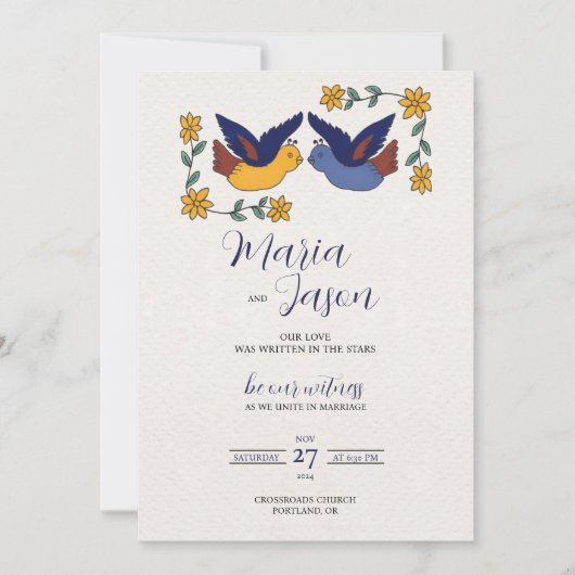 Mexican Birds Floral Blue Yellow Charming Wedding 招待状 (正面)