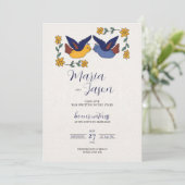 Mexican Birds Floral Blue Yellow Charming Wedding 招待状 (スタンド正面)