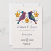 Mexican Birds Floral Magenta Navy Blue Wedding 招待状 (正面)