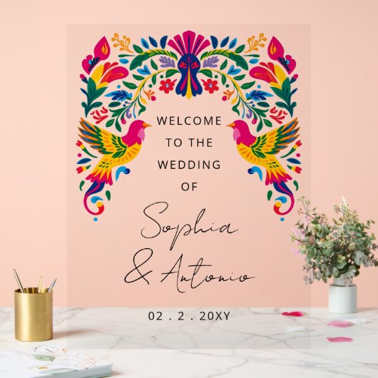 Mexican Birds Otomi Floral Fiesta Welcome Sign アクリルサイン (ウェディング)