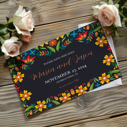 Mexican Black Floral Colorful Botanical Wedding セーブザデート