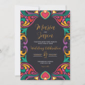Mexican Black Floral Colorful Fiesta Boda Wedding 招待状 (正面)