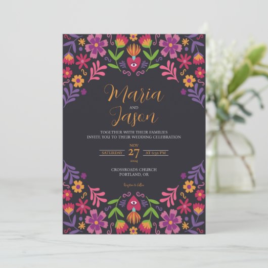 Mexican Black Floral Fiesta Nuestra Boda Wedding 招待状 (スタンド正面)