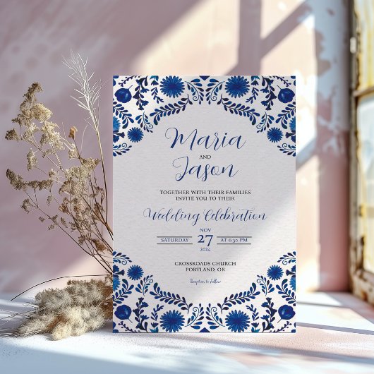 Mexican Blue Floral Aesthetic Botanical Wedding 招待状