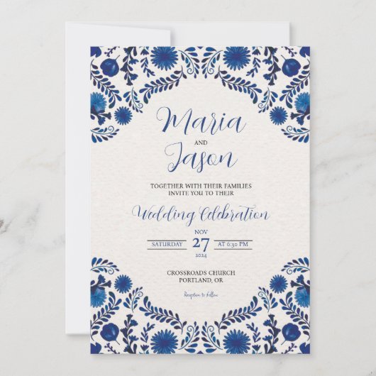 Mexican Blue Floral Aesthetic Botanical Wedding 招待状 (正面)