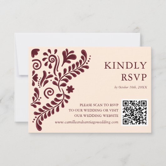 Mexican Burgundy Wedding QR Code 出欠カード (正面)