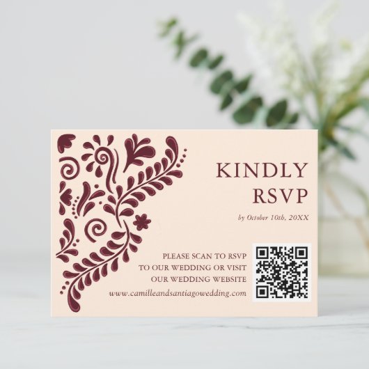 Mexican Burgundy Wedding QR Code 出欠カード (スタンド正面)
