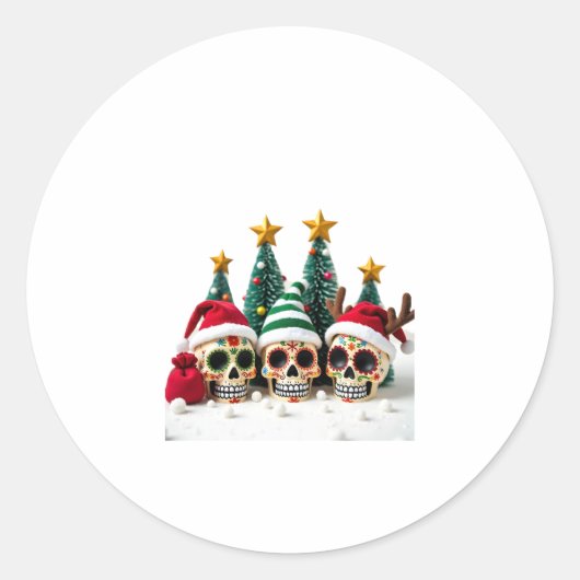 Mexican Calavera Santa Flower Sugar Skull Christma ラウンドシール (正面)
