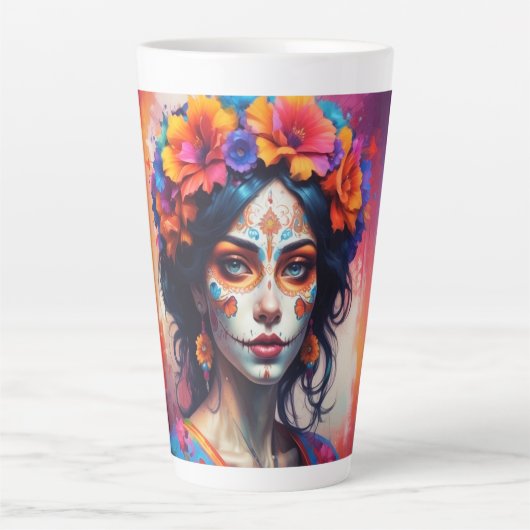 Mexican Catrina watercolor カフェラテマグ (正面)