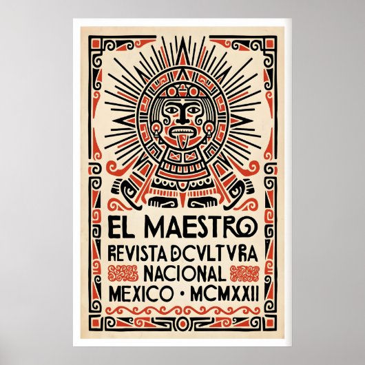 Mexican Culture Poster Stylized Aztec Face - Red ポスター (正面)