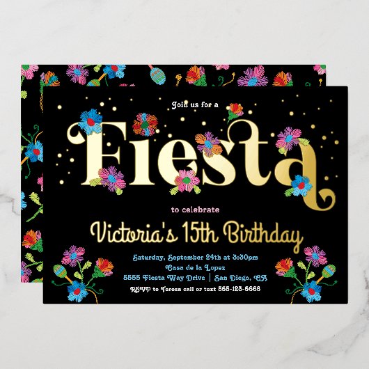 Mexican Fiesta Birthday Party with embroidery 箔招待状 (正面/裏面)