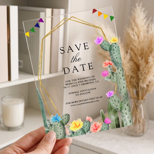 Mexican Fiesta Cactus Floral Wedding Save the Date アクリル招待状