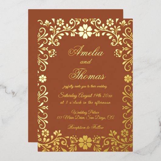 Mexican Fiesta Terracotta Gold Floral Wedding  箔招待状 (正面/裏面)