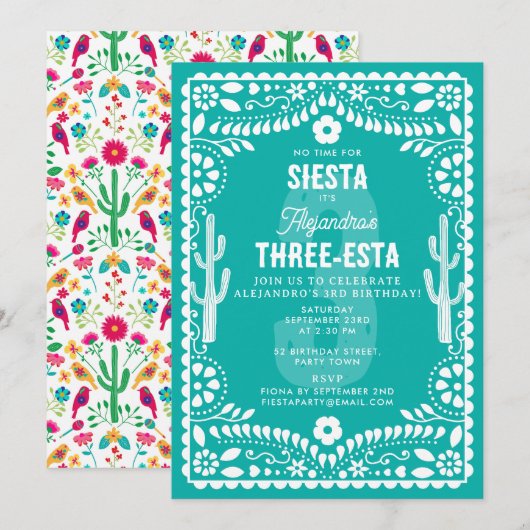 Mexican Floral Fiesta Teal Three-Esta 3rd Birthday 招待状 (正面/裏面)