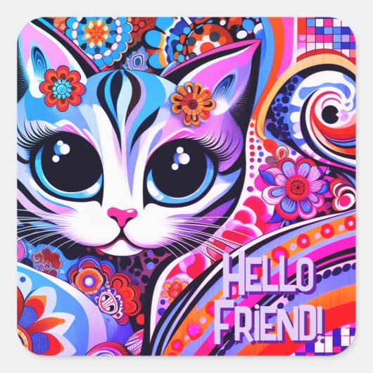 Mexican Folk Art Abstract Kitty Cat Birthday スクエアシール (正面)