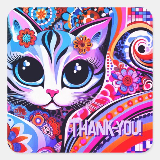 Mexican Folk Art Abstract Kitty Cat Birthday スクエアシール (正面)