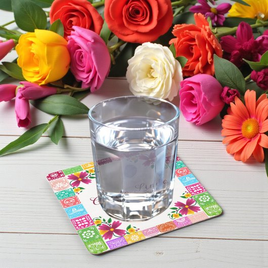 Mexican Folk Art Floral Baby Shower Coasters スクエアペーパーコースター
