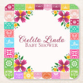 Mexican Folk Art Floral Baby Shower Coasters スクエアペーパーコースター (正面)