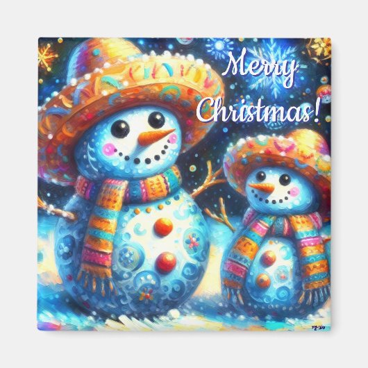 Mexican Folk Art Snowmen Snowman Personalized マグネット (正面)