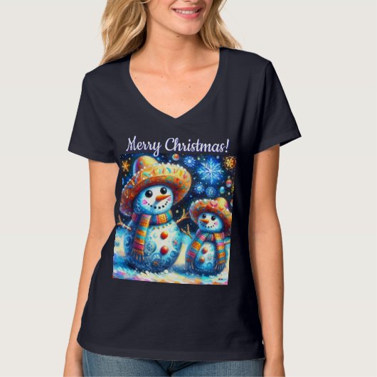 Mexican Folk Art Snowmen Snowman Personalized Tシャツ (正面)