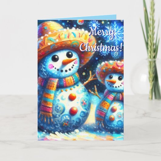Mexican Folk Art Snowmen  Whimsical Holiday Fiesta カード (正面)