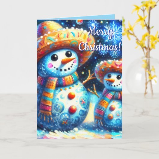Mexican Folk Art Snowmen Whimsical Holiday Fiesta カード (黄色い花)