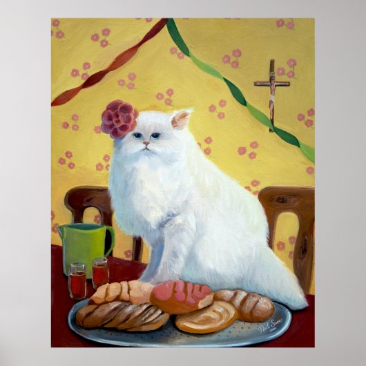 Mexican Folk Inspired White Cat Wall Art ポスター (正面)