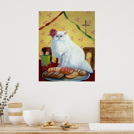 Mexican Folk Inspired White Cat Wall Art ポスター (キッチン)
