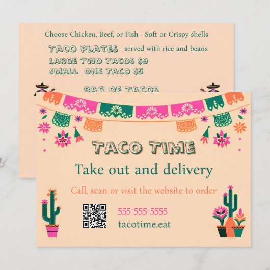 Mexican Food Taco Takeout or Delivery Flat Menu メニュー (正面/裏面)