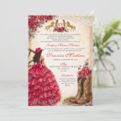 Mexican Girl Red Floral Charra Quinceañera Western 招待状 (スタンド正面)