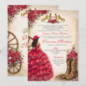 Mexican Girl Red Floral Charra Quinceañera Western 招待状 (正面/裏面)