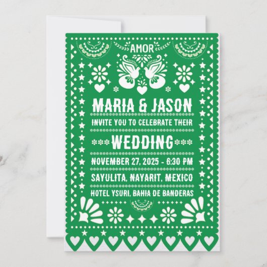 Mexican Green Papel Picado Fiesta Folk Art Wedding 招待状 (正面)