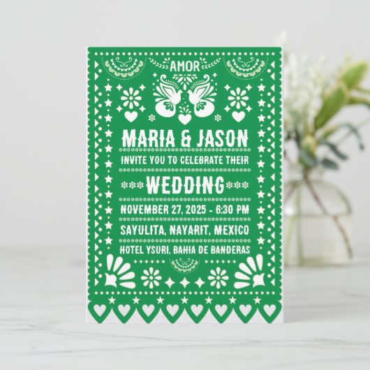 Mexican Green Papel Picado Fiesta Folk Art Wedding 招待状 (スタンド正面)
