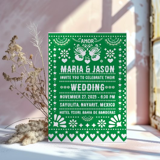 Mexican Green Papel Picado Fiesta Folk Art Wedding 招待状