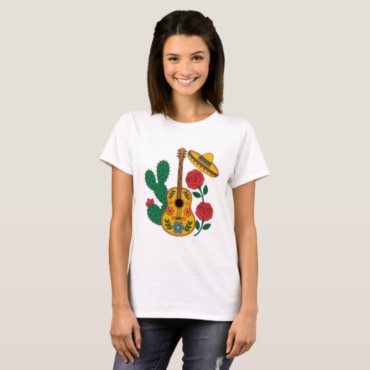 Mexican Guitar Sombrero and Cactus Fiesta Design Tシャツ (正面フル)