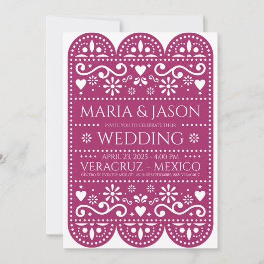Mexican Magenta Papel Picado Folk Art Wedding 招待状 (正面)