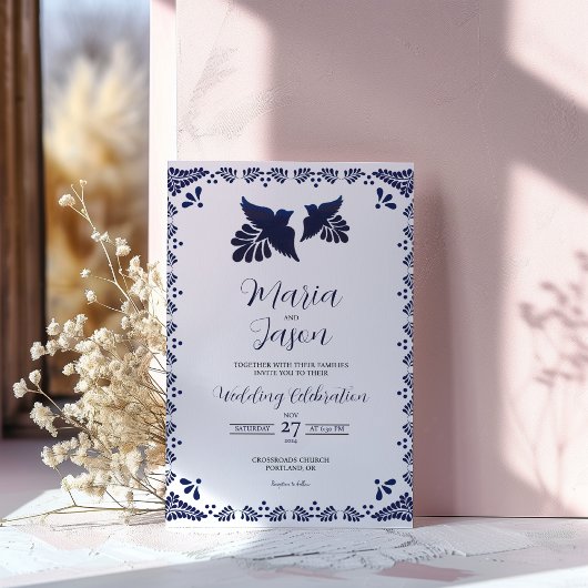 Mexican Navy Blue Botanical Minimalist Wedding 招待状