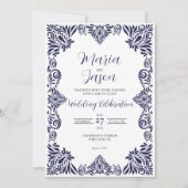 Mexican Navy Blue Floral Classic Elegant Wedding 招待状 (正面)