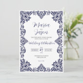Mexican Navy Blue Floral Classic Elegant Wedding 招待状 (スタンド正面)