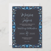 Mexican Navy Blue Floral Elegant Classic Wedding 招待状 (正面)