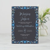 Mexican Navy Blue Floral Elegant Classic Wedding 招待状 (スタンド正面)