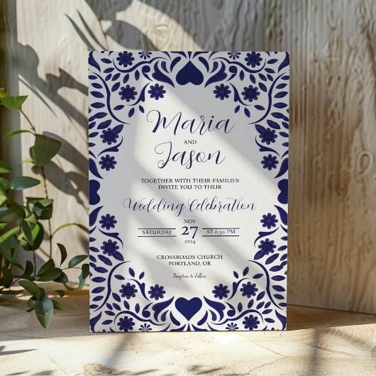 Mexican Navy Blue Floral Elegant Romantic Wedding 招待状