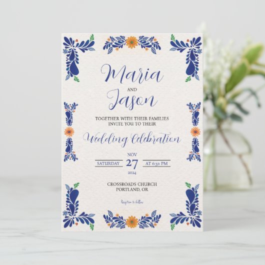 Mexican Navy Blue Minimalist Floral Classy Wedding 招待状 (スタンド正面)