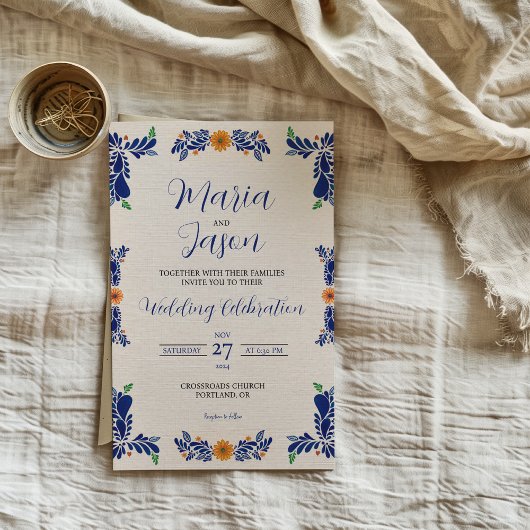 Mexican Navy Blue Minimalist Floral Classy Wedding 招待状
