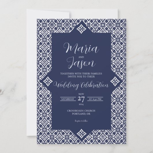Mexican Navy Blue Talavera Formal Elegant Wedding 招待状 (正面)