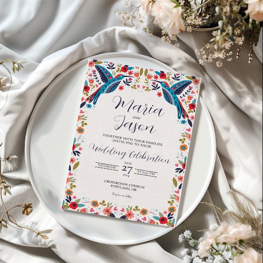 Mexican Otomi Tenangos Colorful Floral Wedding 招待状