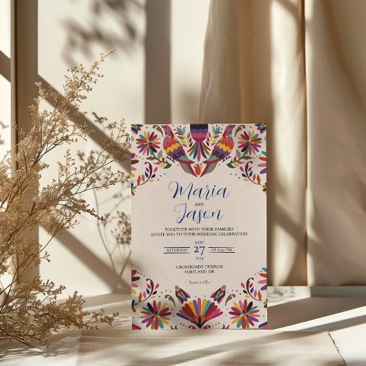 Mexican Otomi Tenangos Folk Art Floral Wedding 招待状