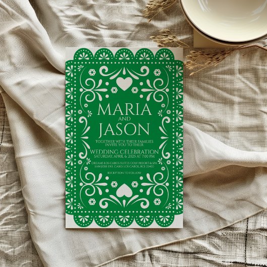 Mexican Papel Picado Green White Folk Art Wedding 招待状