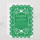 Mexican Papel Picado Green White Folk Art Wedding 招待状 (正面)