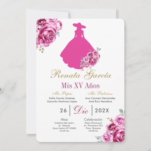 Mexican Pink Escaramuza Quinceanera Invitation 招待状 (正面)